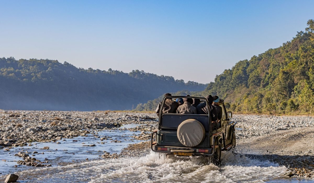 Jungle safari Jeep crossing Jim Corbett River